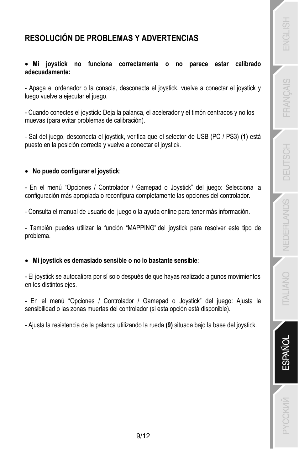 Resolución de problemas y advertencias | Thrustmaster T.Flight Stick X User Manual | Page 70 / 85