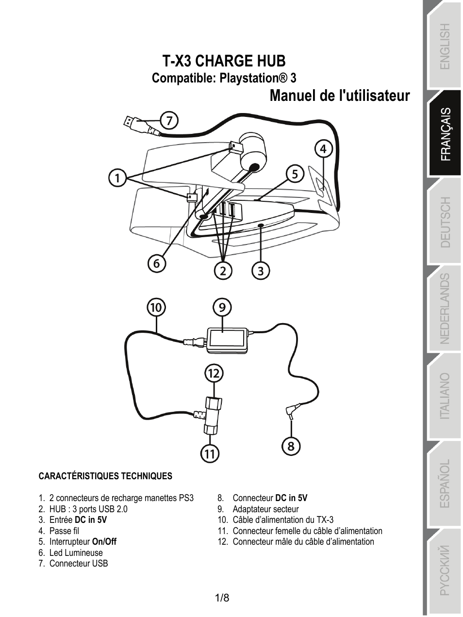 02_tx3 charge hub_français, Caractéristiques techniques, T-x3 charge hub | Manuel de l'utilisateur, Compatible: playstation® 3 | Thrustmaster T-X3 Charge Hub User Manual | Page 10 / 57