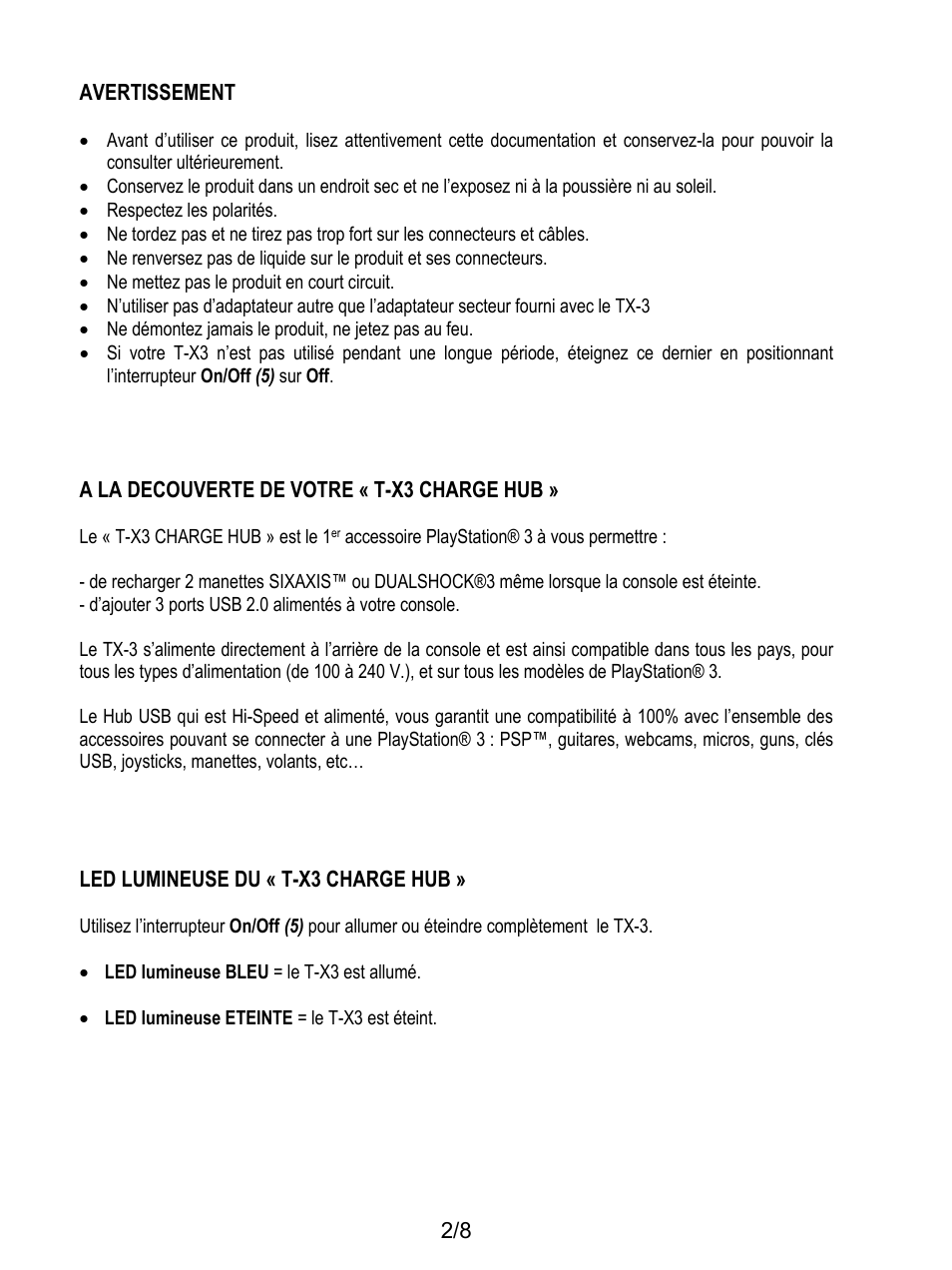 Avertissement, A la decouverte de votre « t-x3 charge hub, Led lumineuse du « t-x3 charge hub | Thrustmaster T-X3 Charge Hub User Manual | Page 11 / 57