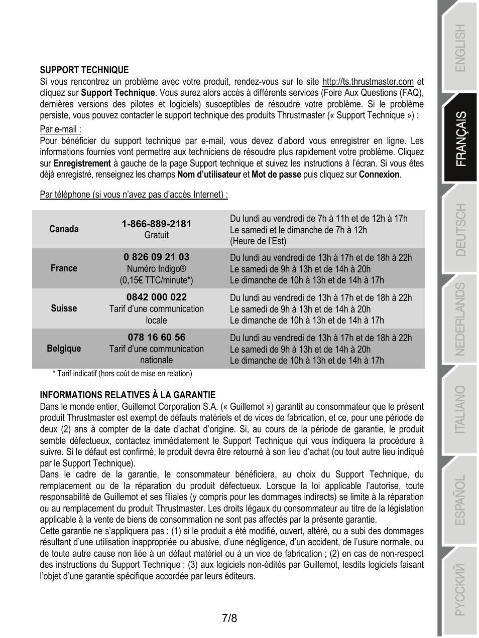 Support technique, Informations relatives à la garantie | Thrustmaster T-X3 Charge Hub User Manual | Page 16 / 57