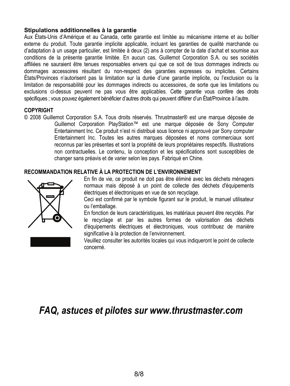 Stipulations additionnelles à la garantie | Thrustmaster T-X3 Charge Hub User Manual | Page 17 / 57
