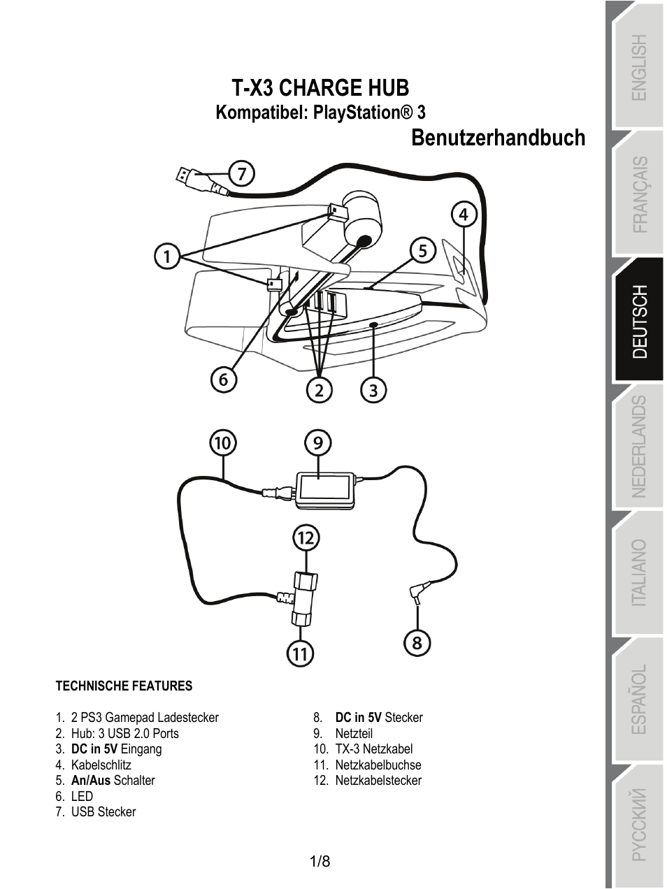 03_tx3 charge hub_deutsch, Technische features, T-x3 charge hub | Benutzerhandbuch, Kompatibel: playstation® 3 | Thrustmaster T-X3 Charge Hub User Manual | Page 18 / 57
