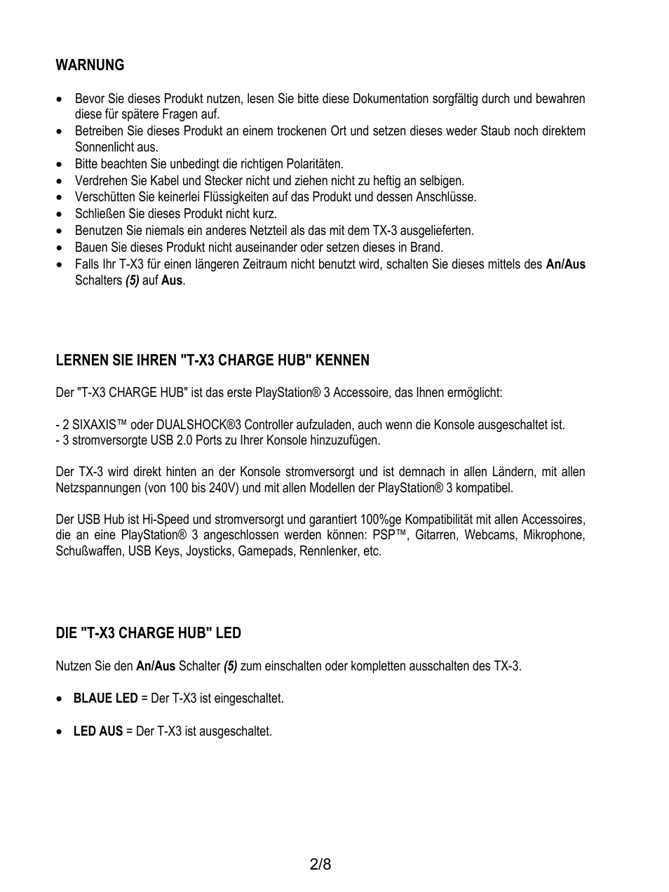 Warnung, Lernen sie ihren "t-x3 charge hub" kennen, Die "t-x3 charge hub" led | Thrustmaster T-X3 Charge Hub User Manual | Page 19 / 57