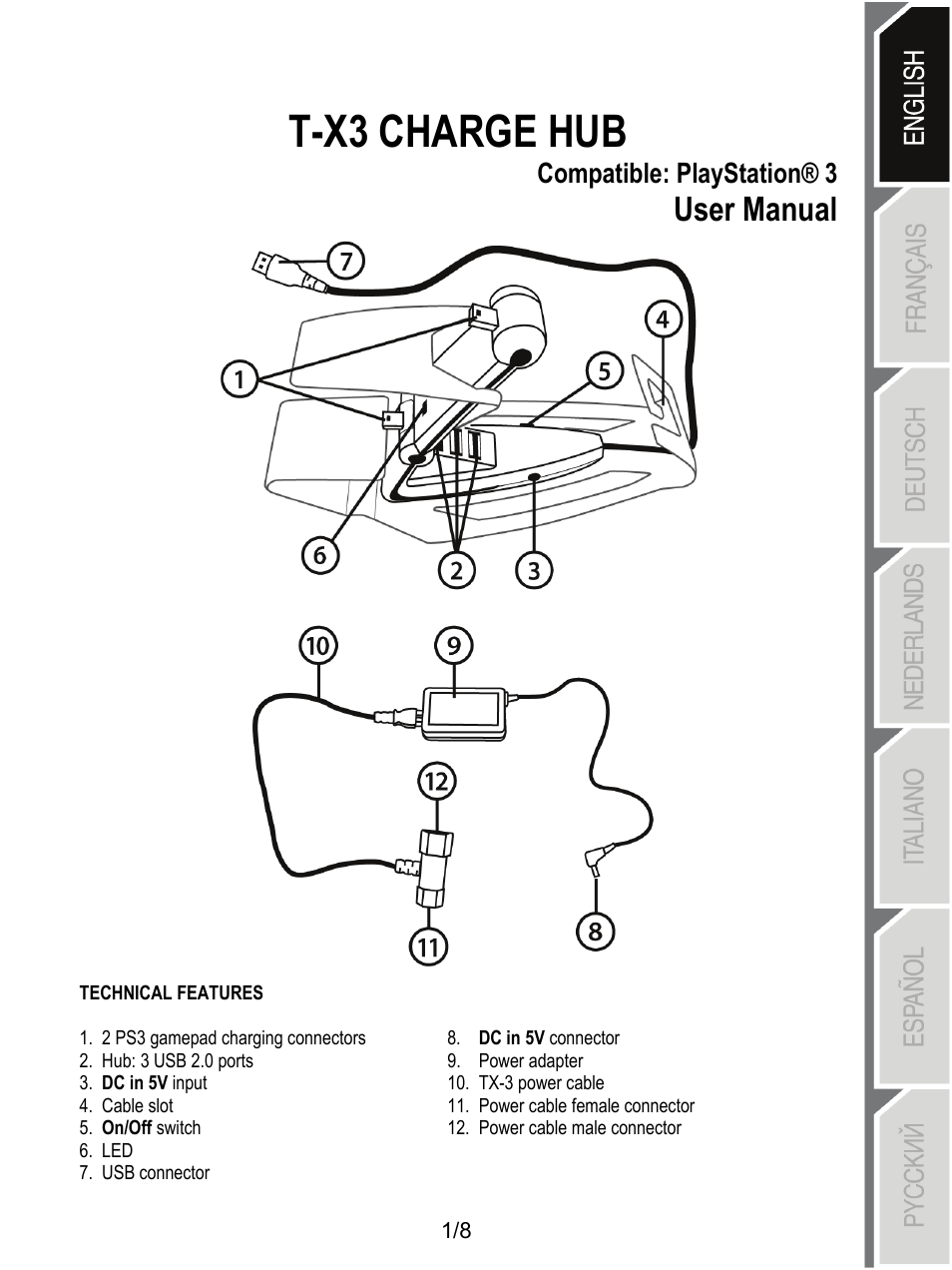 01_tx3 charge hub_english, Technical features, T-x3 charge hub | User manual, Compatible: playstation® 3 | Thrustmaster T-X3 Charge Hub User Manual | Page 2 / 57