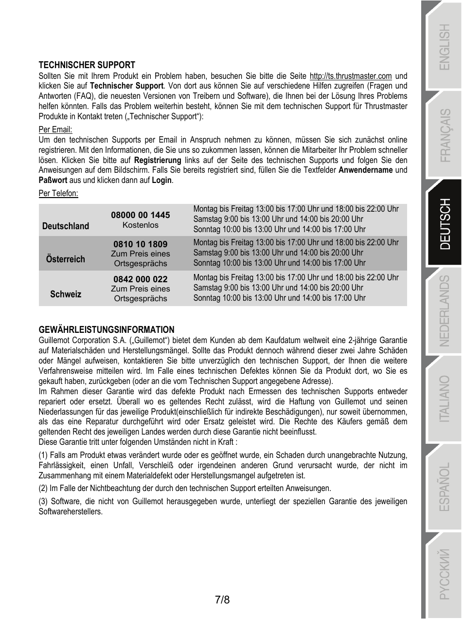 Technischer support, Deutschland, Österreich | Schweiz, Gewährleistungsinformation | Thrustmaster T-X3 Charge Hub User Manual | Page 24 / 57
