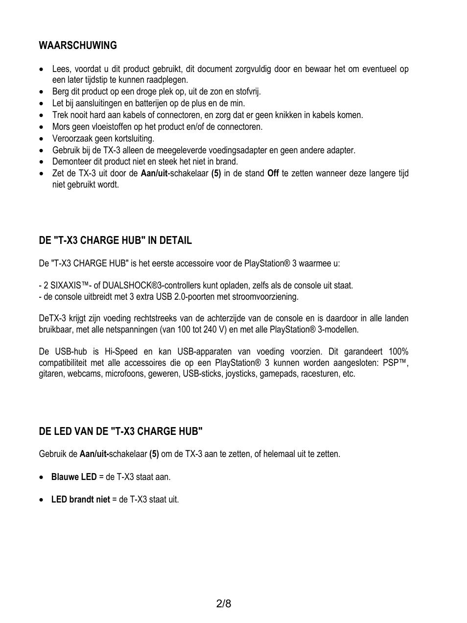 Waarschuwing, De "t-x3 charge hub" in detail, De led van de "t-x3 charge hub | Thrustmaster T-X3 Charge Hub User Manual | Page 27 / 57