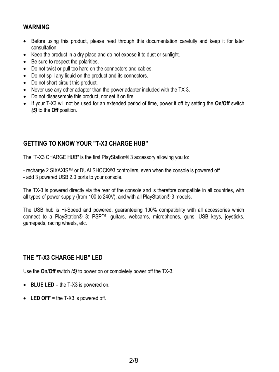 Warning, Getting to know your "t-x3 charge hub, The "t-x3 charge hub" led | Thrustmaster T-X3 Charge Hub User Manual | Page 3 / 57