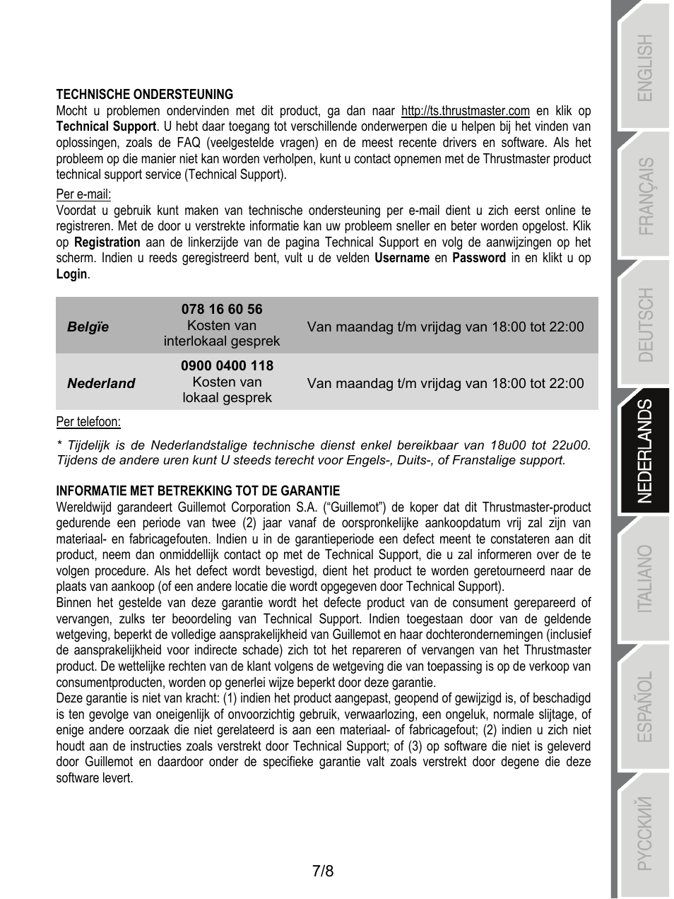 Technische ondersteuning, Informatie met betrekking tot de garantie | Thrustmaster T-X3 Charge Hub User Manual | Page 32 / 57