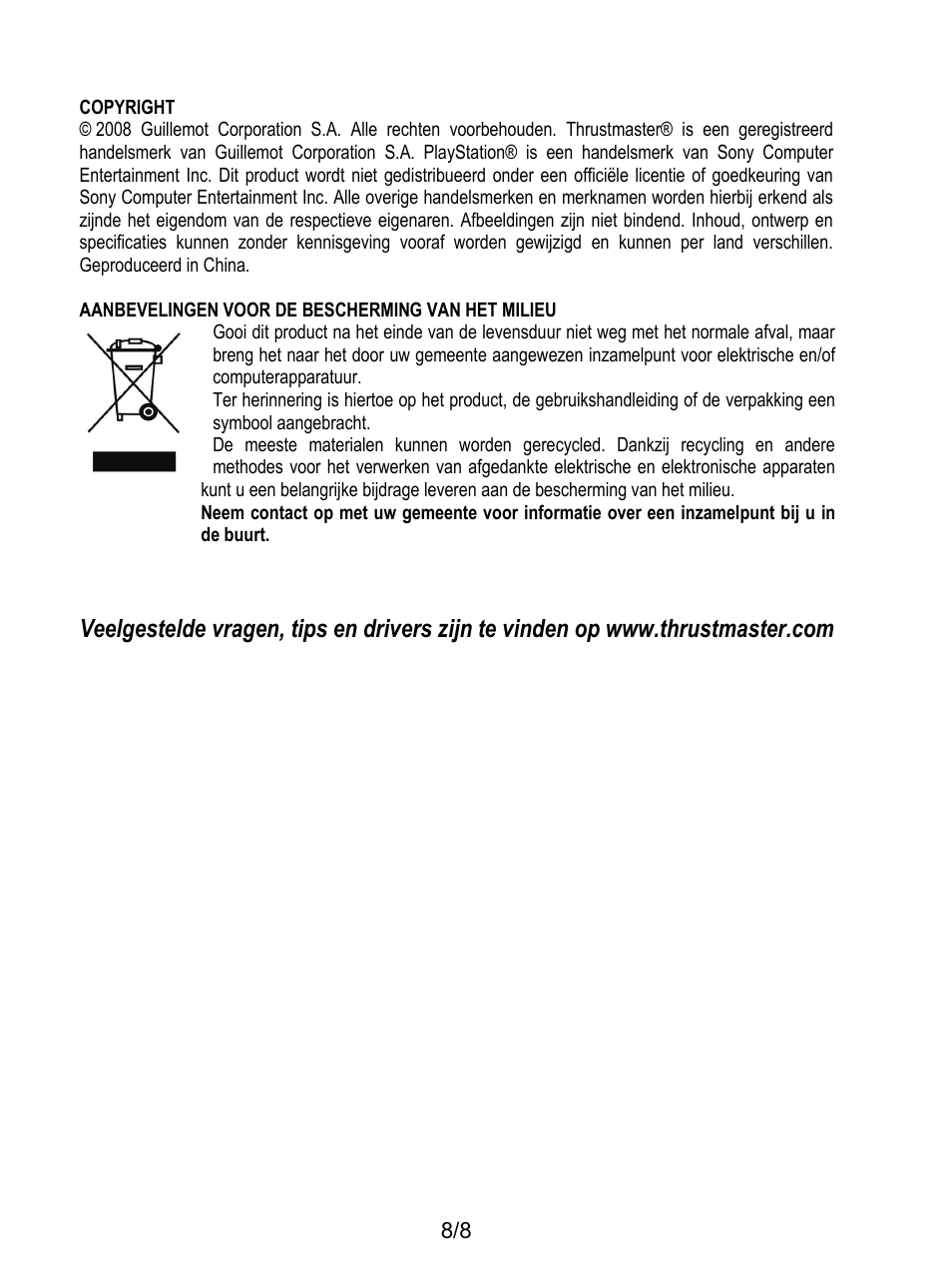 Aanbevelingen voor de bescherming van het milieu | Thrustmaster T-X3 Charge Hub User Manual | Page 33 / 57