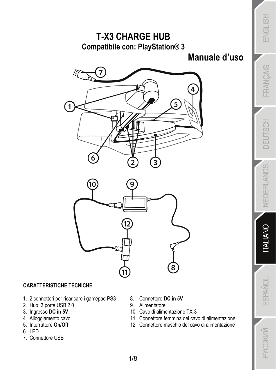 05_tx3 charge hub_italiano, Caratteristiche tecniche, T-x3 charge hub | Manuale d’uso, Compatibile con: playstation® 3 | Thrustmaster T-X3 Charge Hub User Manual | Page 34 / 57