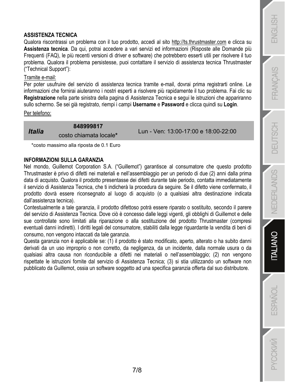 Assistenza tecnica, Informazioni sulla garanzia, Italia | Thrustmaster T-X3 Charge Hub User Manual | Page 40 / 57