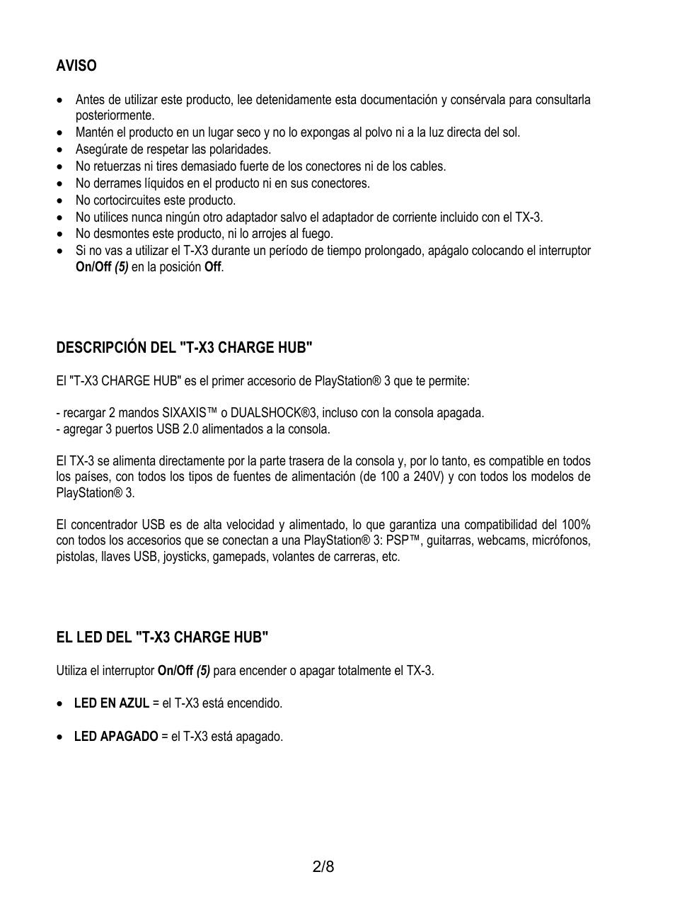 Aviso, Descripción del "t-x3 charge hub, El led del "t-x3 charge hub | Thrustmaster T-X3 Charge Hub User Manual | Page 43 / 57