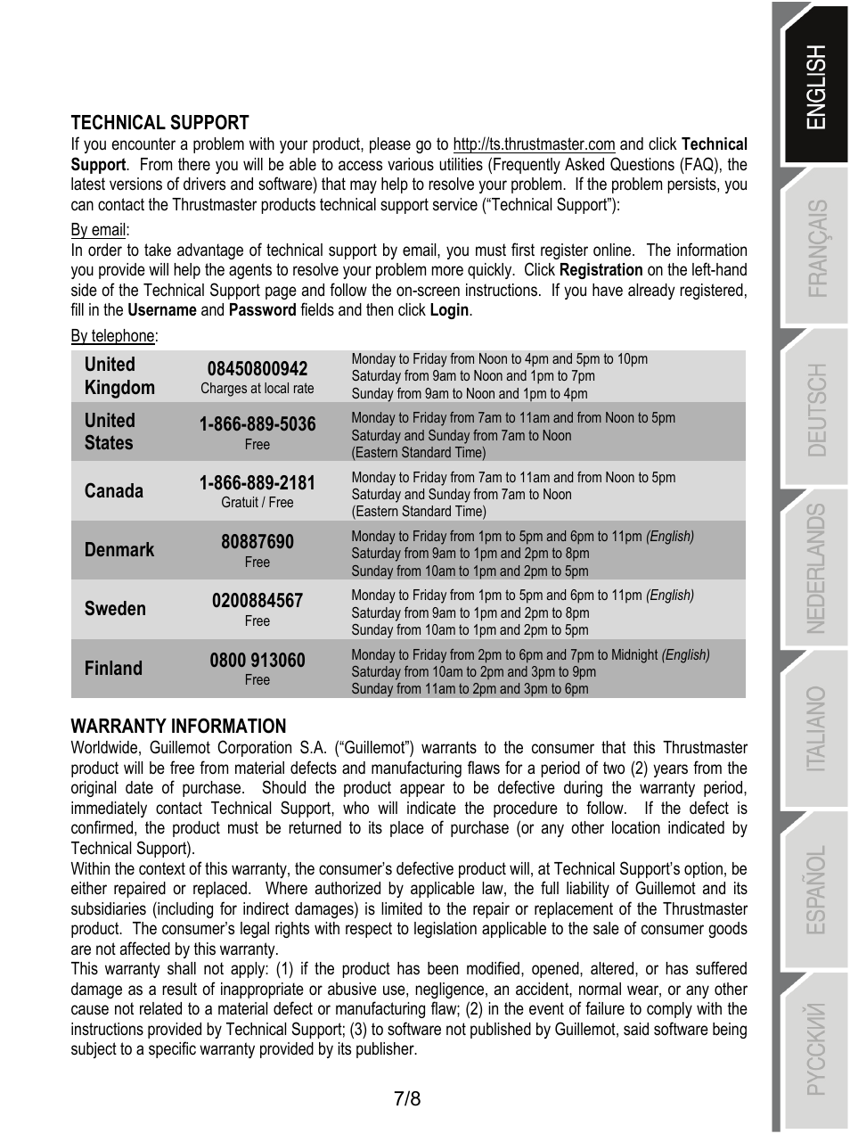 7/8 technical support, Warranty information | Thrustmaster T-X3 Charge Hub User Manual | Page 8 / 57