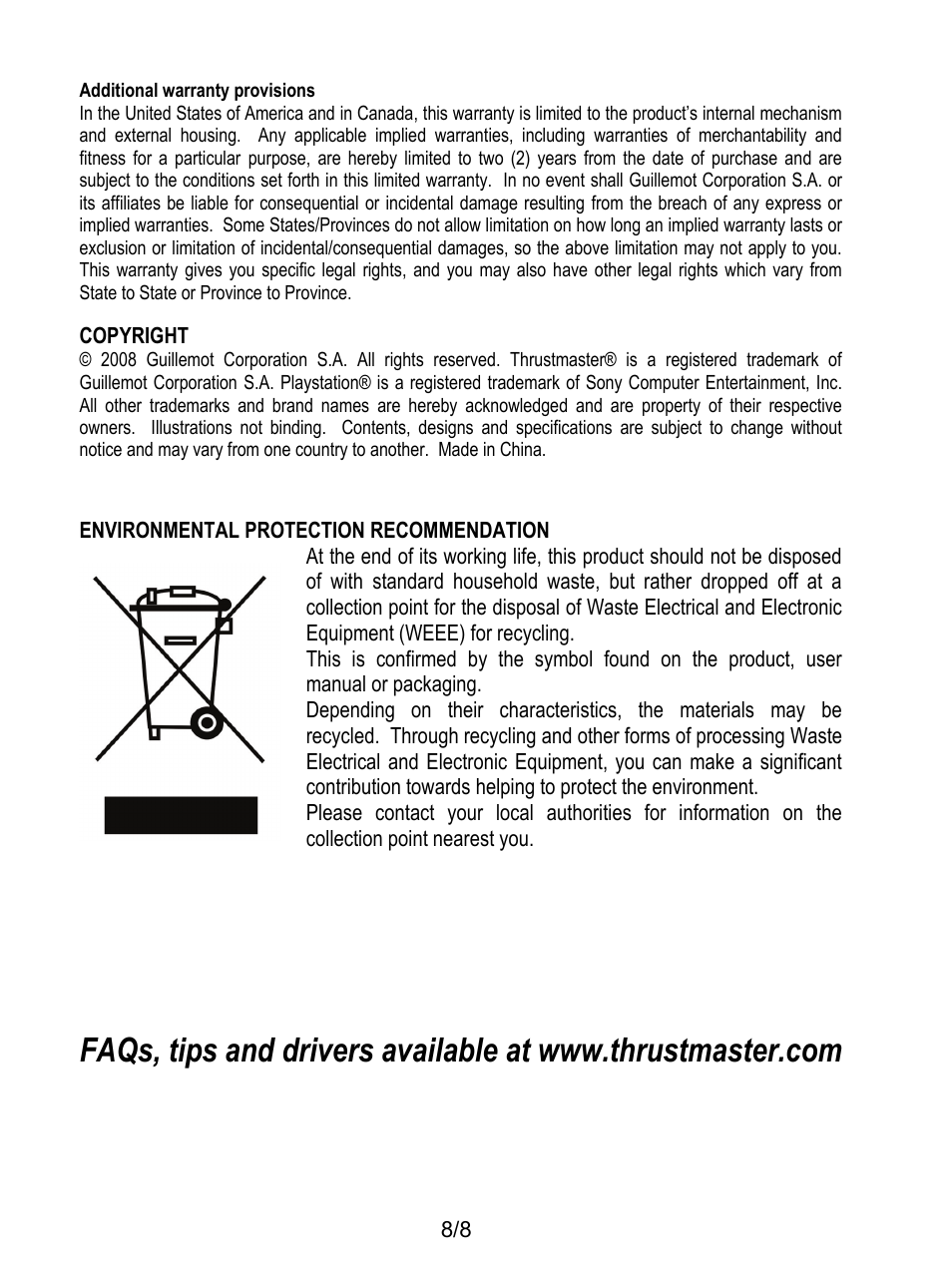 Environmental protection recommendation | Thrustmaster T-X3 Charge Hub User Manual | Page 9 / 57