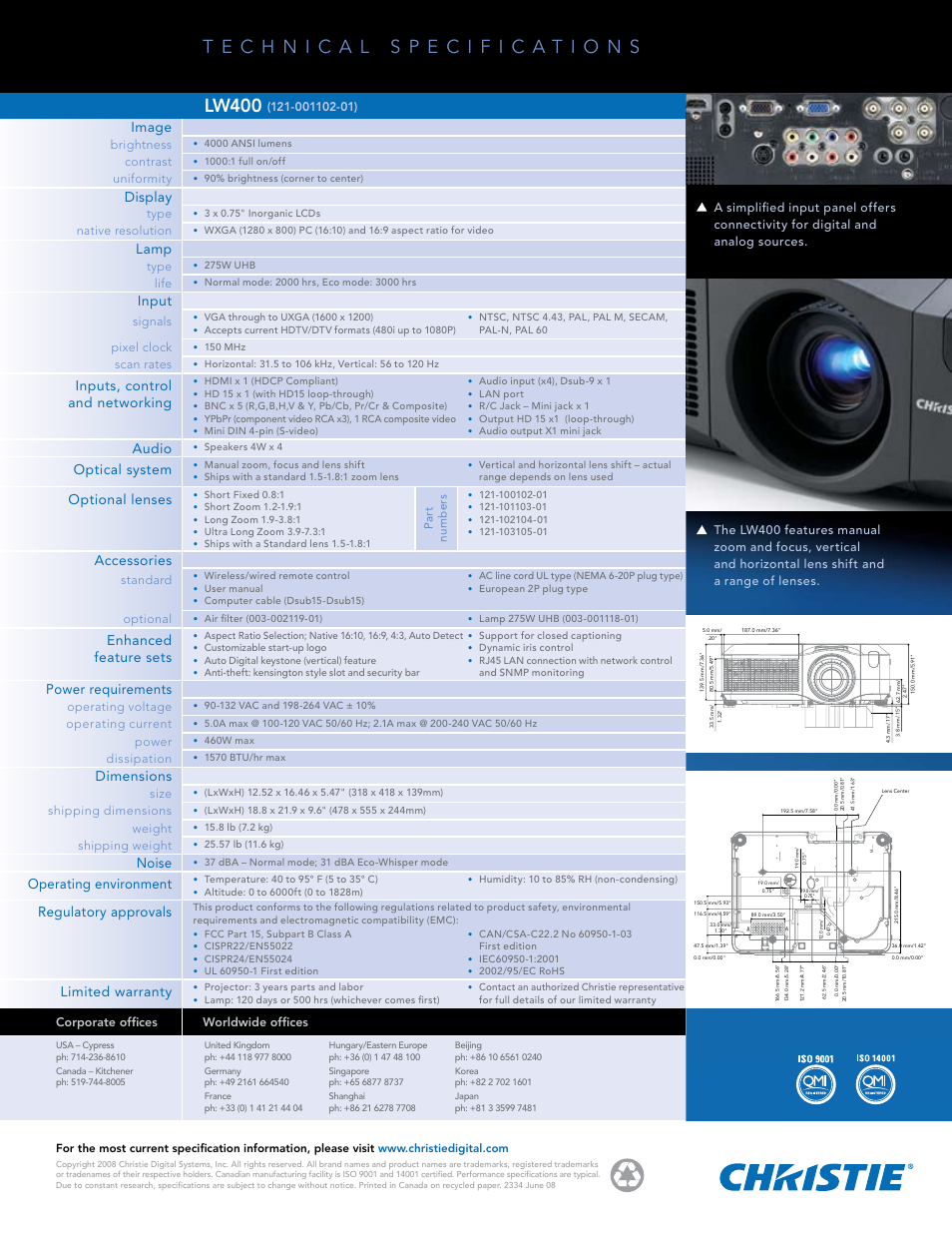 Lw400, Image, Display | Lamp, Input, Inputs, control and networking, Audio, Optical system, Optional lenses, Accessories | Christie Digital Systems LW400 User Manual | Page 2 / 2
