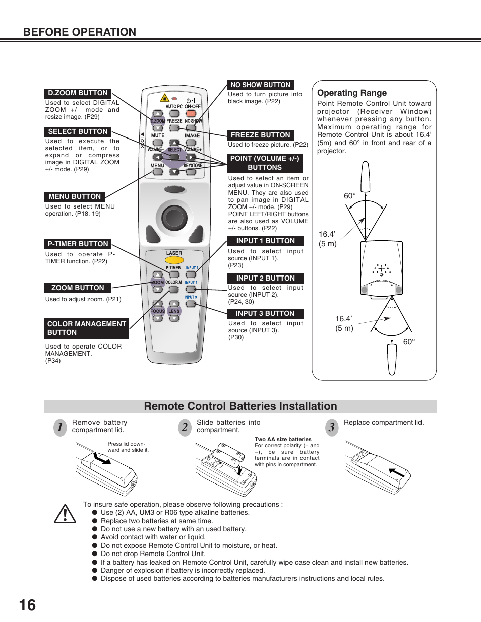 Before operation, Remote control batteries installation, Operating range | Christie Digital Systems 38-VIV211-01 User Manual | Page 16 / 56