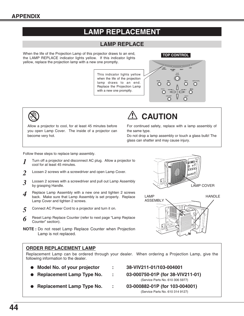 Caution, Lamp replacement | Christie Digital Systems 38-VIV211-01 User Manual | Page 44 / 56