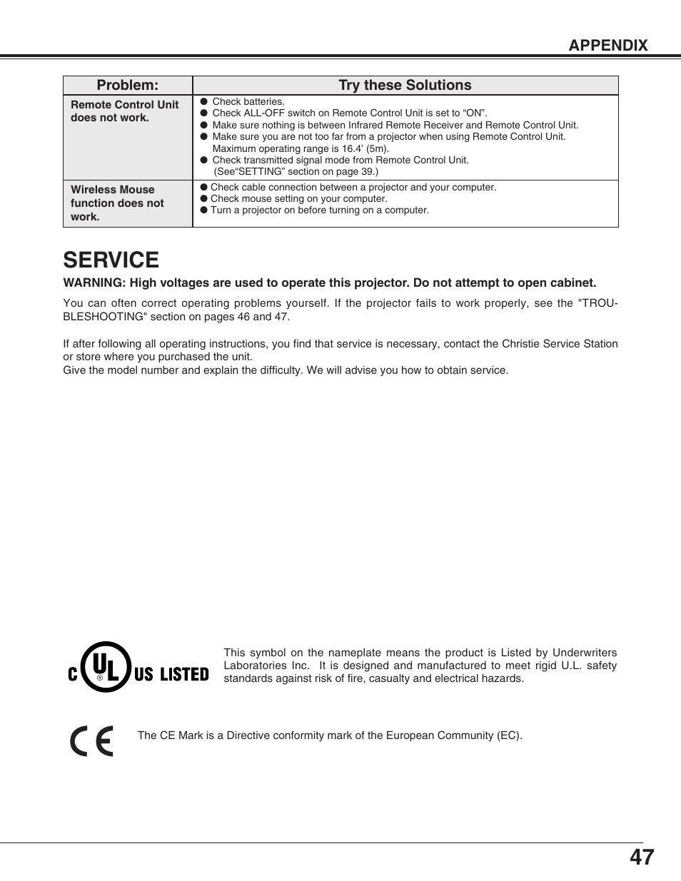 Service, Appendix | Christie Digital Systems 38-VIV211-01 User Manual | Page 47 / 56