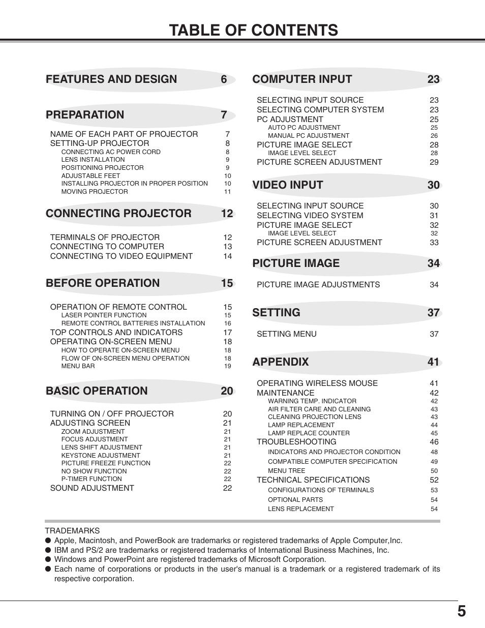 5table of contents, Connecting projector 12, Basic operation 20 | Picture image 34 | Christie Digital Systems 38-VIV211-01 User Manual | Page 5 / 56