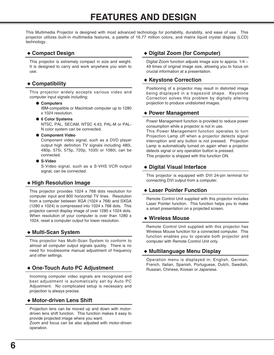 6features and design | Christie Digital Systems 38-VIV211-01 User Manual | Page 6 / 56