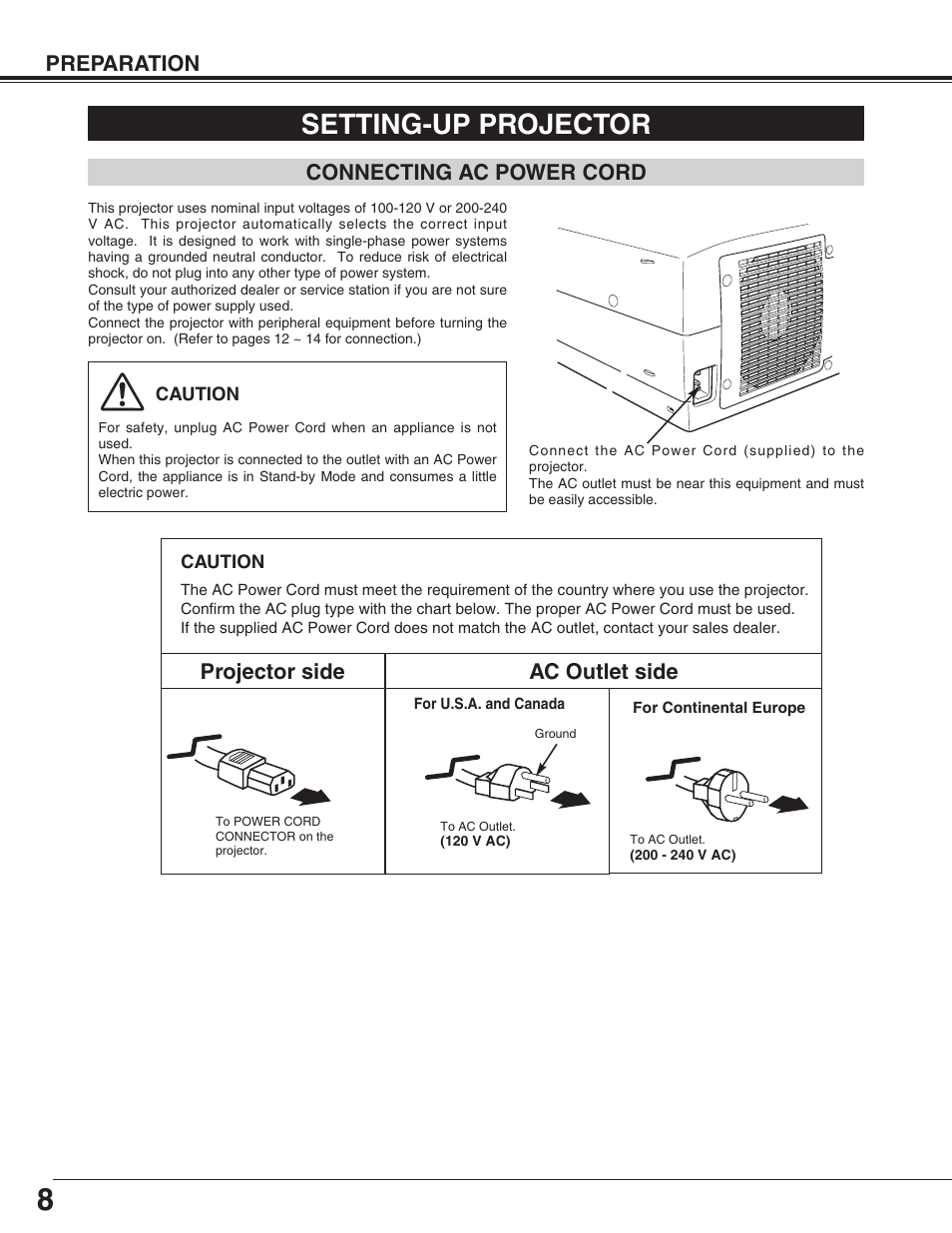 Setting-up projector, Preparation, Connecting ac power cord | Projector side ac outlet side | Christie Digital Systems 38-VIV211-01 User Manual | Page 8 / 56