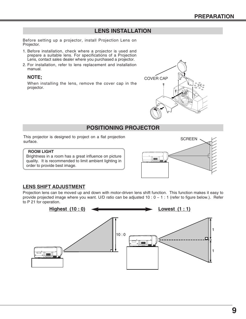 Preparation positioning projector, Lens installation | Christie Digital Systems 38-VIV211-01 User Manual | Page 9 / 56