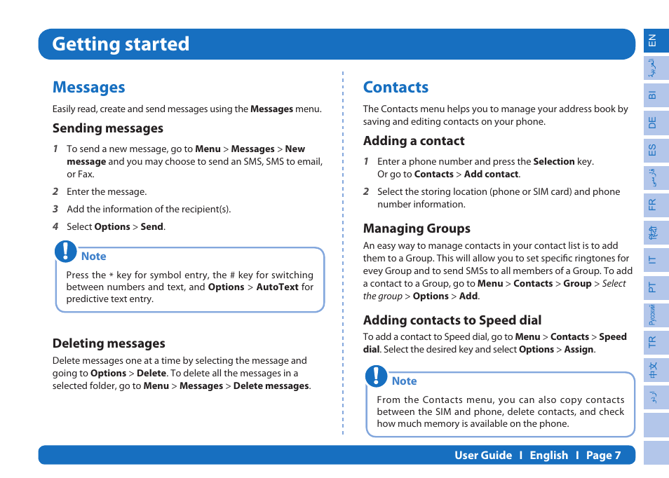 Getting started, Messages, Contacts | Sending messages, Deleting messages, Adding a contact, Managing groups, Adding contacts to speed dial | Thuraya XT-PRO User Manual | Page 10 / 206