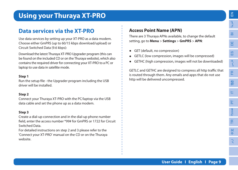 Using your thuraya xt-pro, Data services via the xt-pro, Access point name (apn) | Thuraya XT-PRO User Manual | Page 12 / 206
