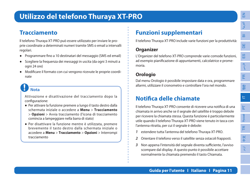 Utilizzo del telefono thuraya xt-pro, Tracciamento, Funzioni supplementari | Notifica delle chiamate, Organizer, Orologio | Thuraya XT-PRO User Manual | Page 126 / 206