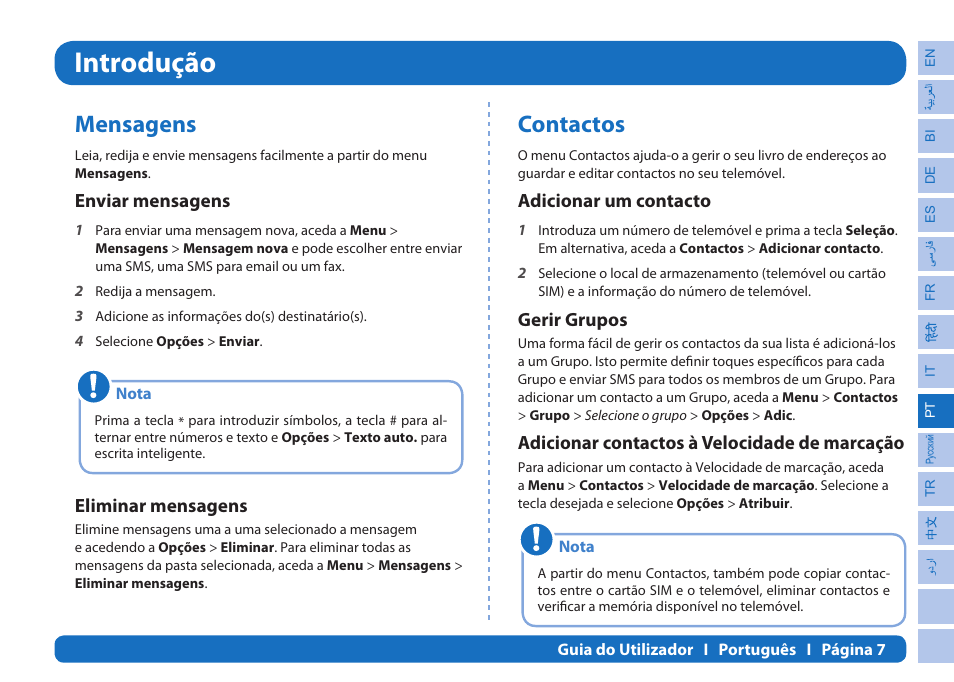 Introdução, Mensagens, Contactos | Enviar mensagens, Eliminar mensagens, Adicionar um contacto, Gerir grupos, Adicionar contactos à velocidade de marcação | Thuraya XT-PRO User Manual | Page 136 / 206