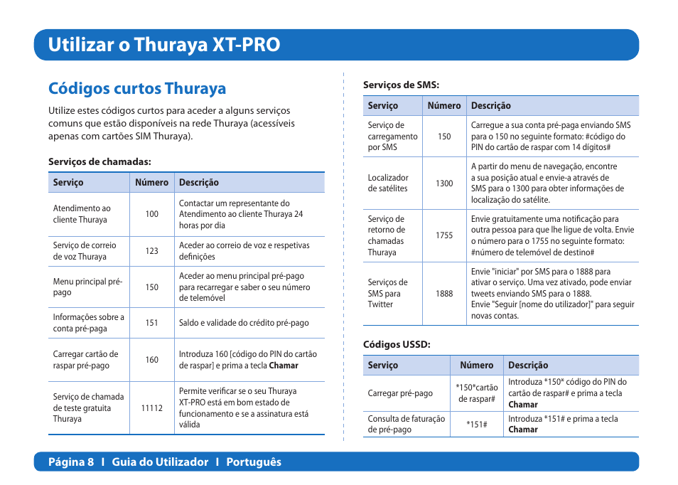 Utilizar o thuraya xt-pro, Códigos curtos thuraya | Thuraya XT-PRO User Manual | Page 137 / 206