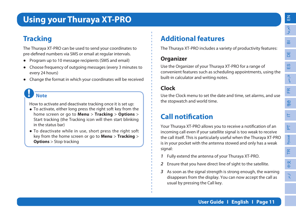 Using your thuraya xt-pro, Tracking, Additional features | Call notification, Organizer, Clock | Thuraya XT-PRO User Manual | Page 14 / 206