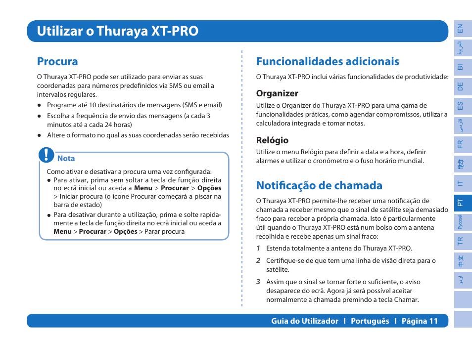 Utilizar o thuraya xt-pro, Procura, Funcionalidades adicionais | Notificação de chamada, Organizer, Relógio | Thuraya XT-PRO User Manual | Page 140 / 206