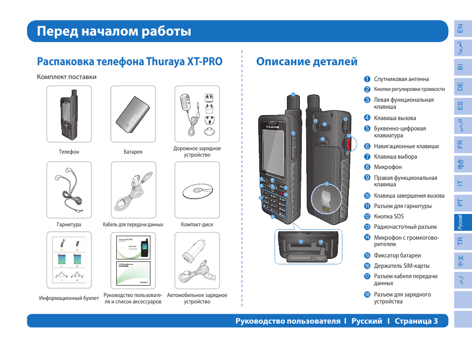 Перед началом работы, Распаковка телефона thuraya xt-pro, Описание деталей | Thuraya XT-PRO User Manual | Page 146 / 206