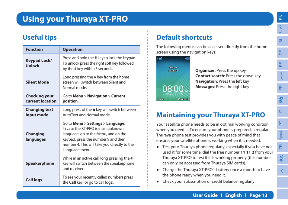 Using your thuraya xt-pro, Useful tips, Default shortcuts | Maintaining your thuraya xt-pro | Thuraya XT-PRO User Manual | Page 16 / 206