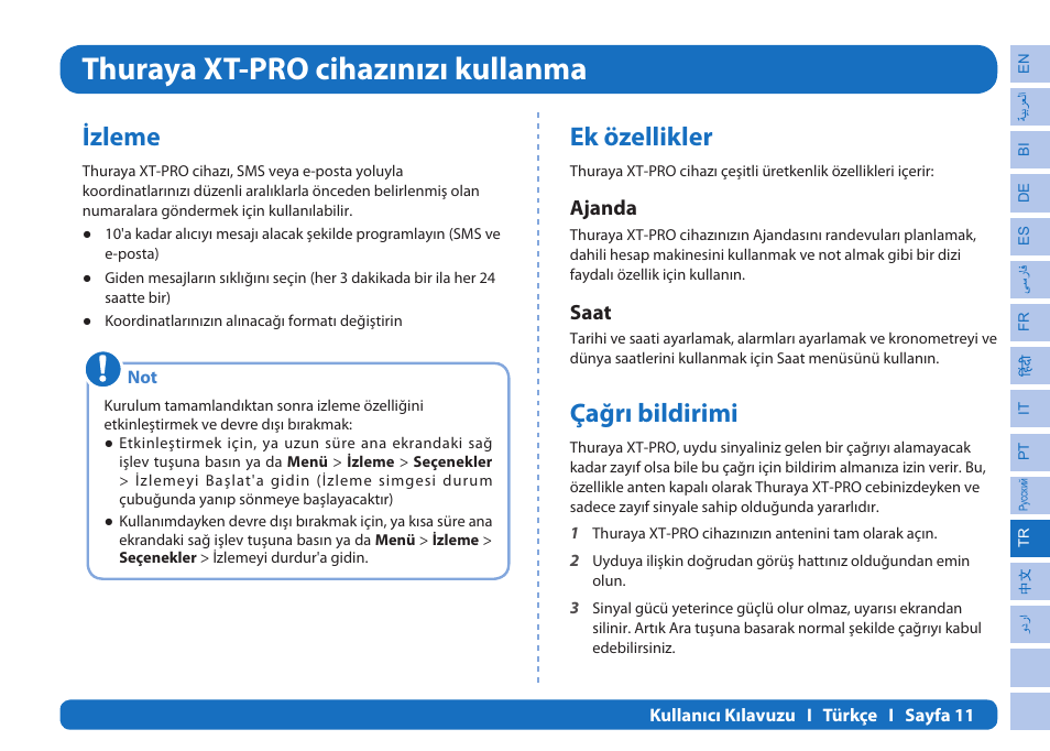 Thuraya xt-pro cihazınızı kullanma, Izleme, Ek özellikler | Çağrı bildirimi, Ajanda, Saat | Thuraya XT-PRO User Manual | Page 168 / 206