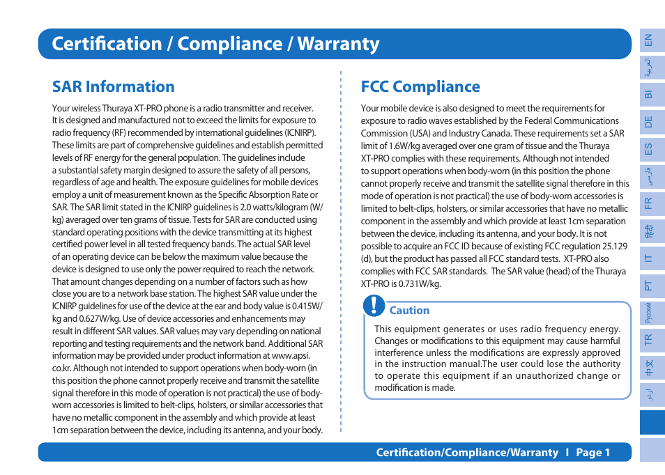 Certification / compliance / warranty, Sar information, Fcc compliance | Thuraya XT-PRO User Manual | Page 200 / 206