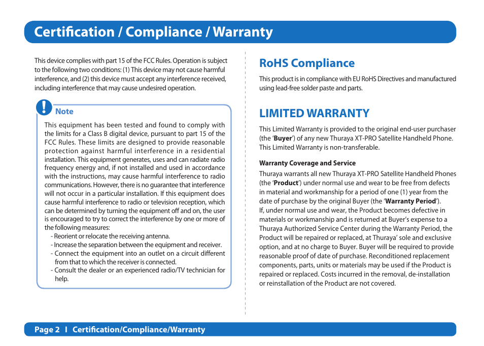 Certification / compliance / warranty, Rohs compliance, Limited warranty | Thuraya XT-PRO User Manual | Page 201 / 206