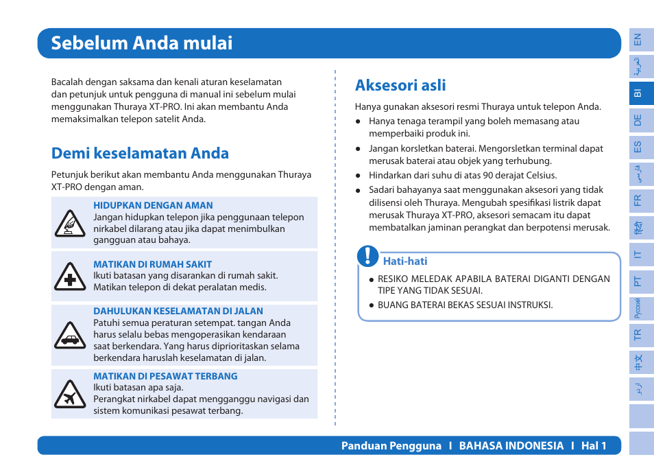 Sebelum anda mulai, Demi keselamatan anda, Aksesori asli | Thuraya XT-PRO User Manual | Page 32 / 206
