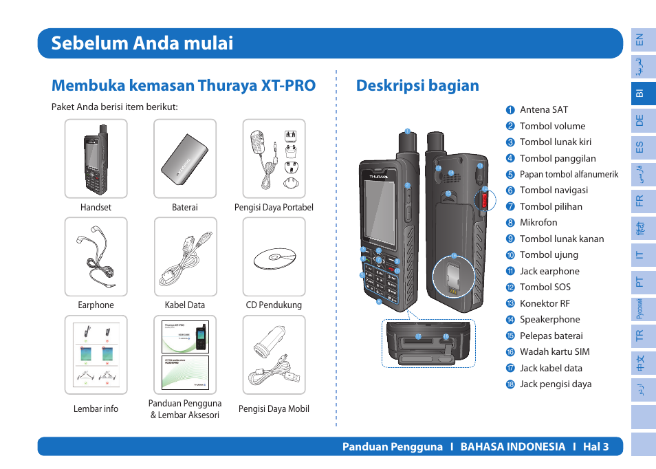 Sebelum anda mulai, Membuka kemasan thuraya xt-pro, Deskripsi bagian | Thuraya XT-PRO User Manual | Page 34 / 206