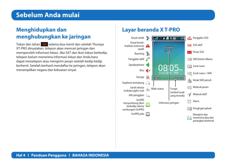 Sebelum anda mulai, Menghidupkan dan menghubungkan ke jaringan, Layar beranda x t-pro | Thuraya XT-PRO User Manual | Page 35 / 206