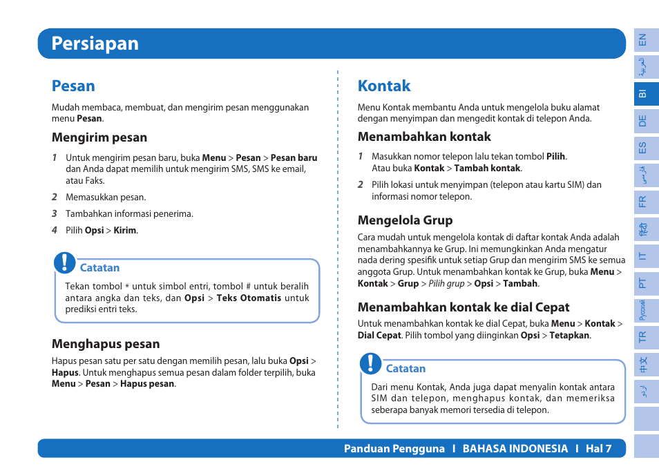 Persiapan, Pesan, Kontak | Mengirim pesan, Menghapus pesan, Menambahkan kontak, Mengelola grup, Menambahkan kontak ke dial cepat | Thuraya XT-PRO User Manual | Page 38 / 206