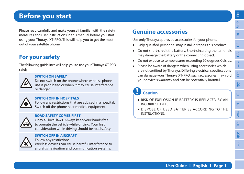 Before you start, For your safety, Genuine accessories | Thuraya XT-PRO User Manual | Page 4 / 206