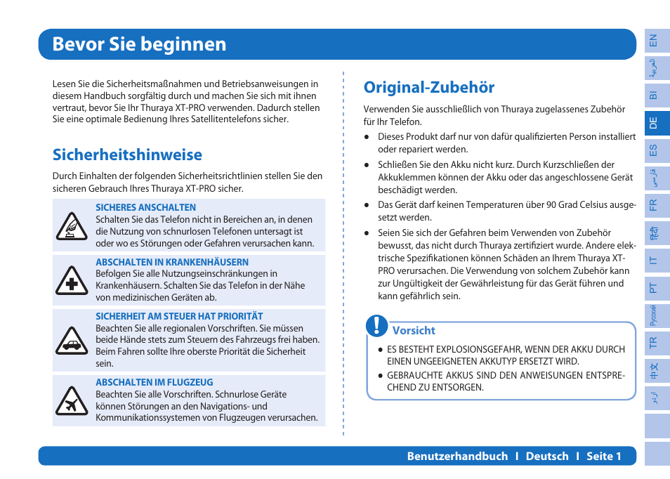 Bevor sie beginnen, Sicherheitshinweise, Original-zubehör | Thuraya XT-PRO User Manual | Page 46 / 206
