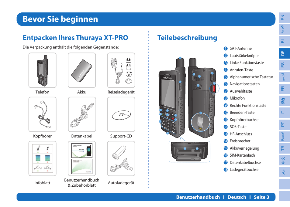 Bevor sie beginnen, Entpacken ihres thuraya xt-pro, Teilebeschreibung | Thuraya XT-PRO User Manual | Page 48 / 206