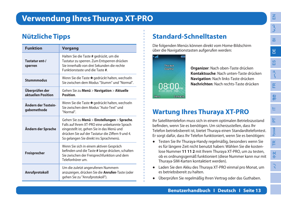Verwendung ihres thuraya xt-pro, Nützliche tipps, Standard-schnelltasten | Wartung ihres thuraya xt-pro | Thuraya XT-PRO User Manual | Page 58 / 206