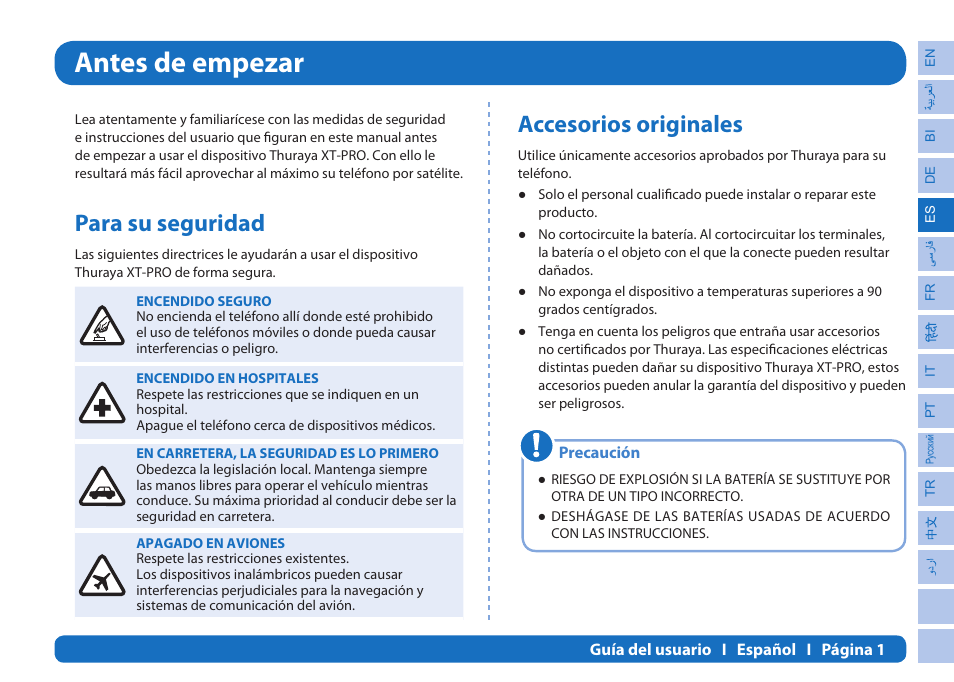 Antes de empezar, Para su seguridad, Accesorios originales | Thuraya XT-PRO User Manual | Page 60 / 206
