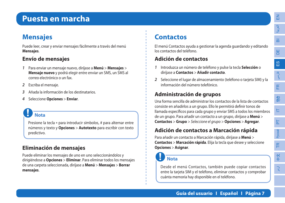 Puesta en marcha, Mensajes, Contactos | Envío de mensajes, Eliminación de mensajes, Adición de contactos, Administración de grupos, Adición de contactos a marcación rápida | Thuraya XT-PRO User Manual | Page 66 / 206