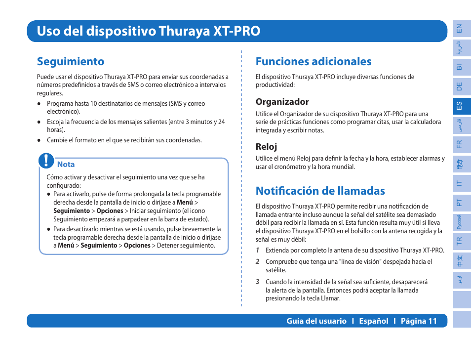 Uso del dispositivo thuraya xt-pro, Seguimiento, Funciones adicionales | Notificación de llamadas, Organizador, Reloj | Thuraya XT-PRO User Manual | Page 70 / 206