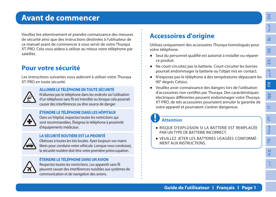 Avant de commencer, Pour votre sécurité, Accessoires d'origine | Thuraya XT-PRO User Manual | Page 88 / 206